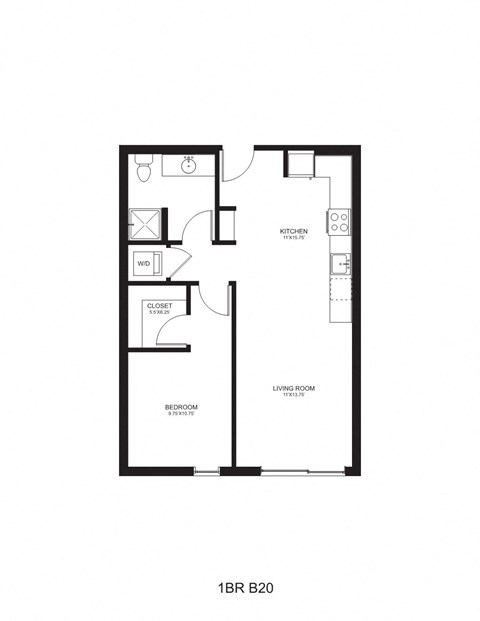 Floor plan for 1 bed, 1 bath, 678 sqft