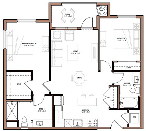 Floor plan for 2 beds, 2 baths, 987 sqft