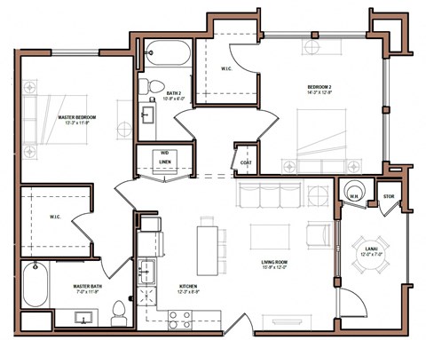 Floor plan for 2 beds, 2 baths, 1044 sqft