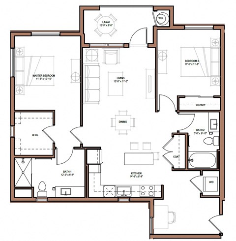 Floor plan for 2 beds, 2 baths, 1057 sqft