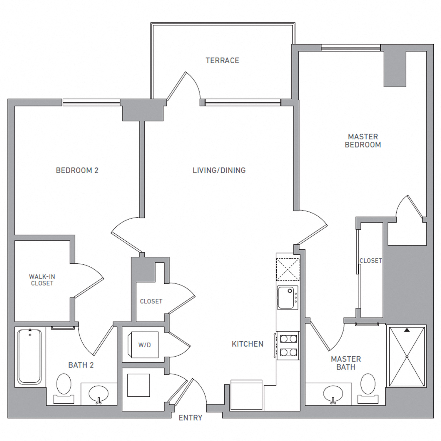 Floor plan for 2 beds, 2 baths, 1024 sqft