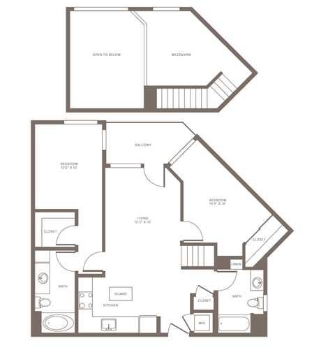 Floor plan for 2 beds, 2 baths, 1088 sqft