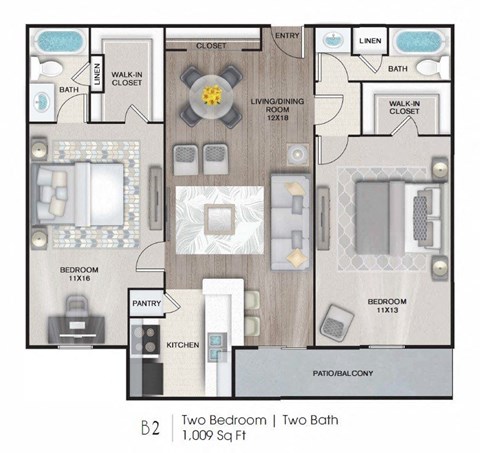 Floor plan for 2 beds, 2 baths, 1009 sqft