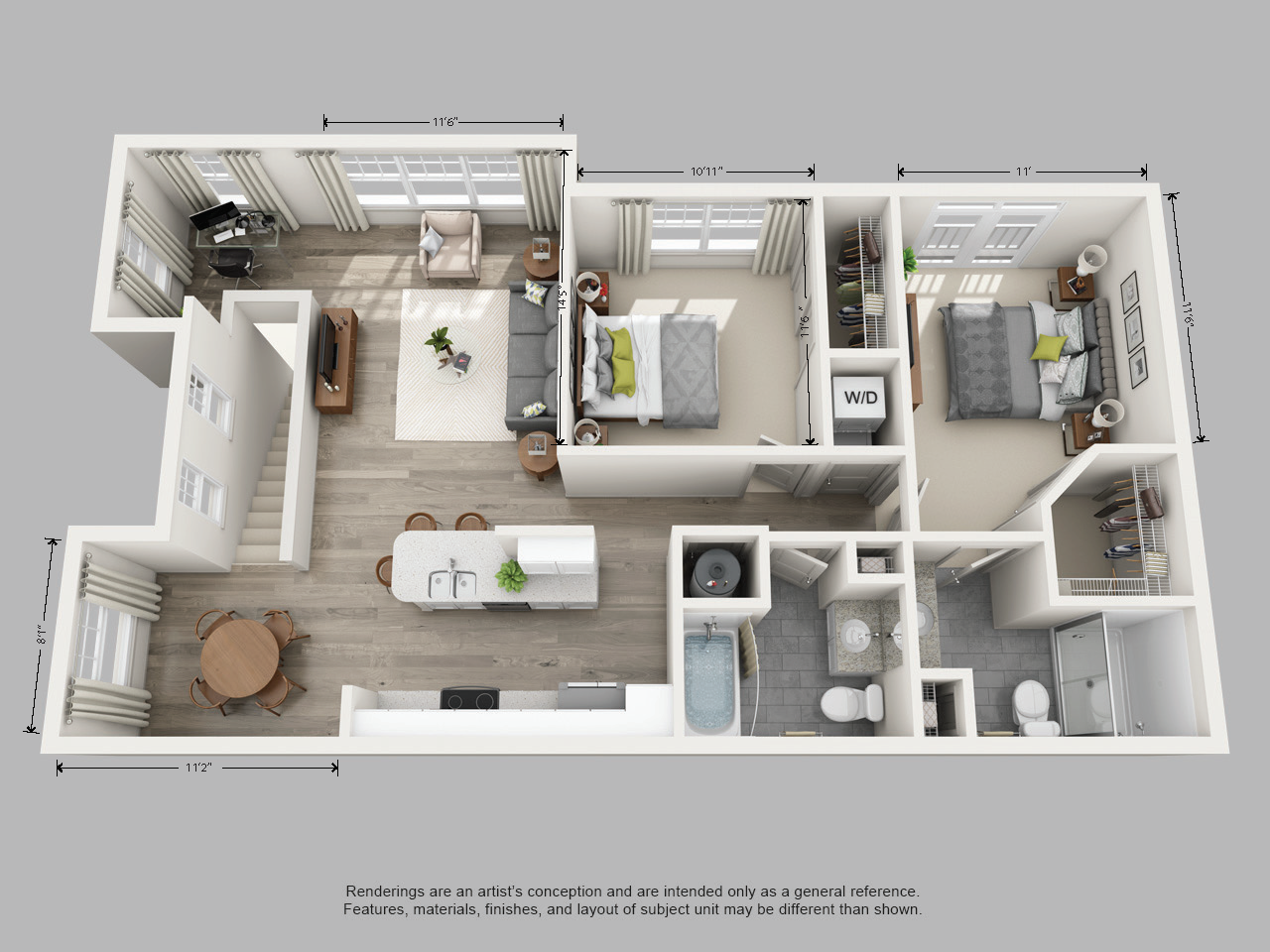 Floor plan for 2 beds, 2 baths, 1133 sqft