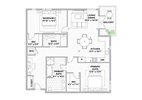 Floor plan for 2 beds, 2 baths, 1192 sqft