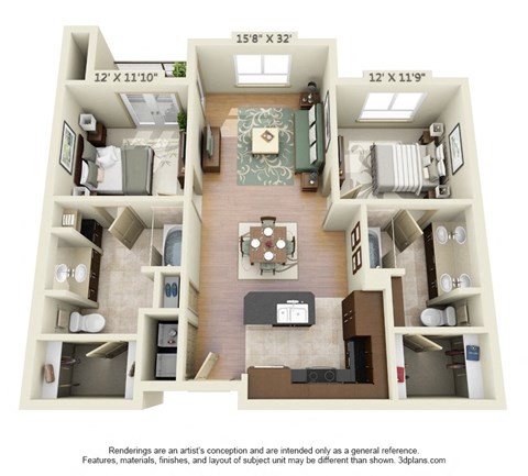 Floor plan for 2 beds, 2 baths, 1276 sqft