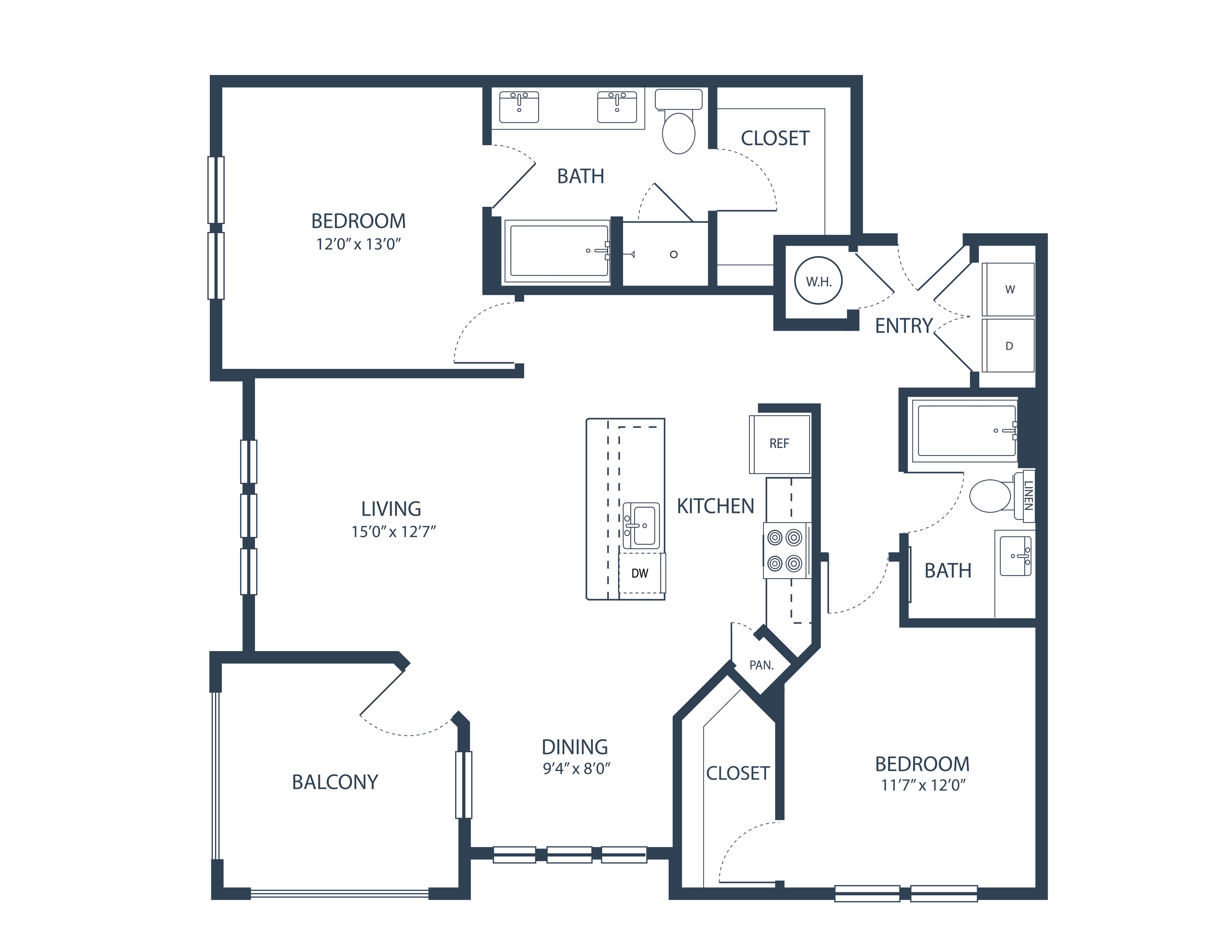 Floor plan for 2 beds, 2 baths, 1230 sqft
