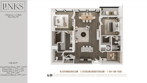 Floor plan for 2 beds, 2.5 baths, 1348 sqft
