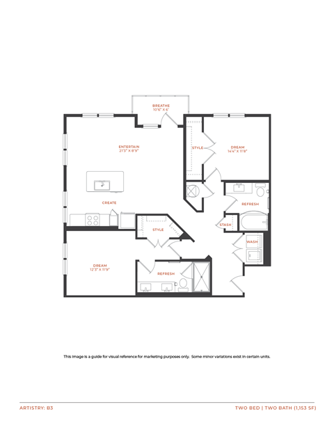 Floor plan for 2 beds, 2 baths, 1153 sqft