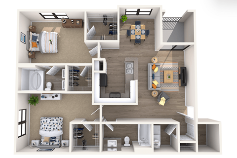 Floor plan for 2 beds, 2 baths, 1100 sqft