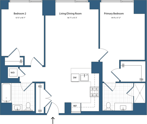Floor plan for 2 beds, 2 baths, 1024 sqft