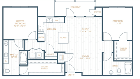 Floor plan for 2 beds, 2 baths, 1196 sqft