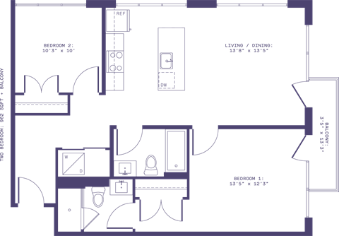 Floor plan for 2 beds, 2 baths, 962 sqft