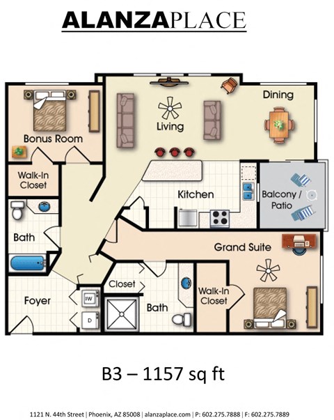 Floor plan for 2 beds, 2 baths, 1157 sqft