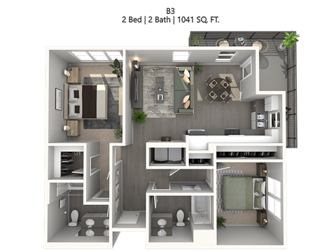 Floor plan for 2 beds, 2 baths, 1041 sqft