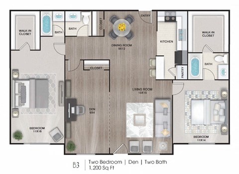 Floor plan for 2 beds, 2 baths, 1200 sqft