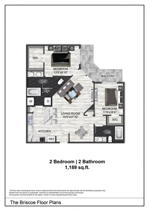 Floor plan for 2 beds, 2 baths, 1189 sqft
