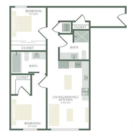 Floor plan for 2 beds, 2 baths, 878 sqft