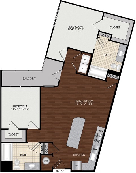 Floor plan for 2 beds, 2 baths, 1172 sqft