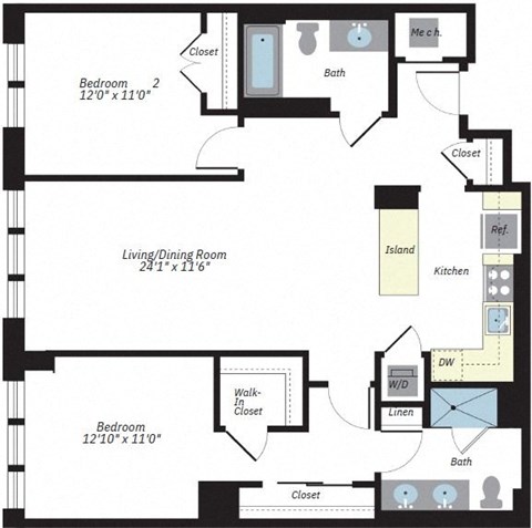 Floor plan for 2 beds, 2 baths, 1178 sqft