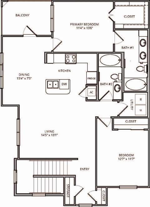 Floor plan for 2 beds, 2 baths, 1192 sqft