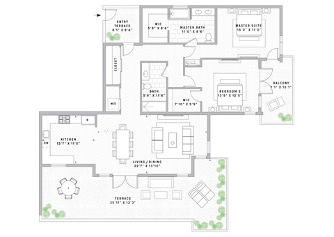 Floor plan for 2 beds, 2 baths, 1360 sqft