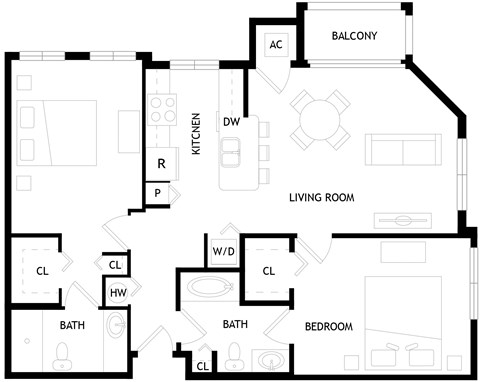 Floor plan for 2 beds, 2 baths, 1089 sqft