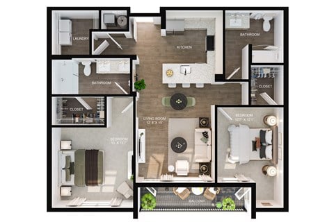 Floor plan for 2 beds, 2 baths, 1167 sqft