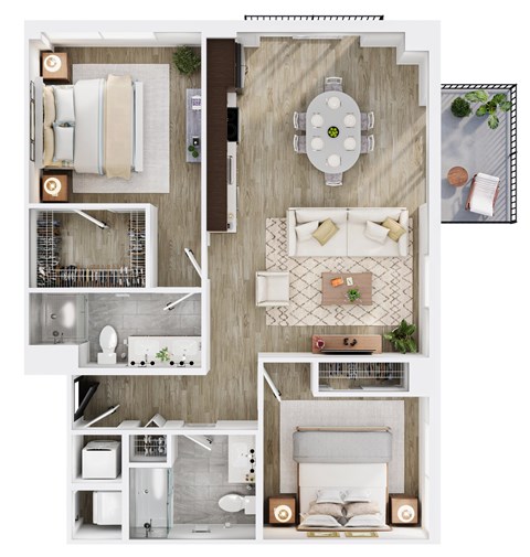 Floor plan for 2 beds, 2 baths, 1037 sqft