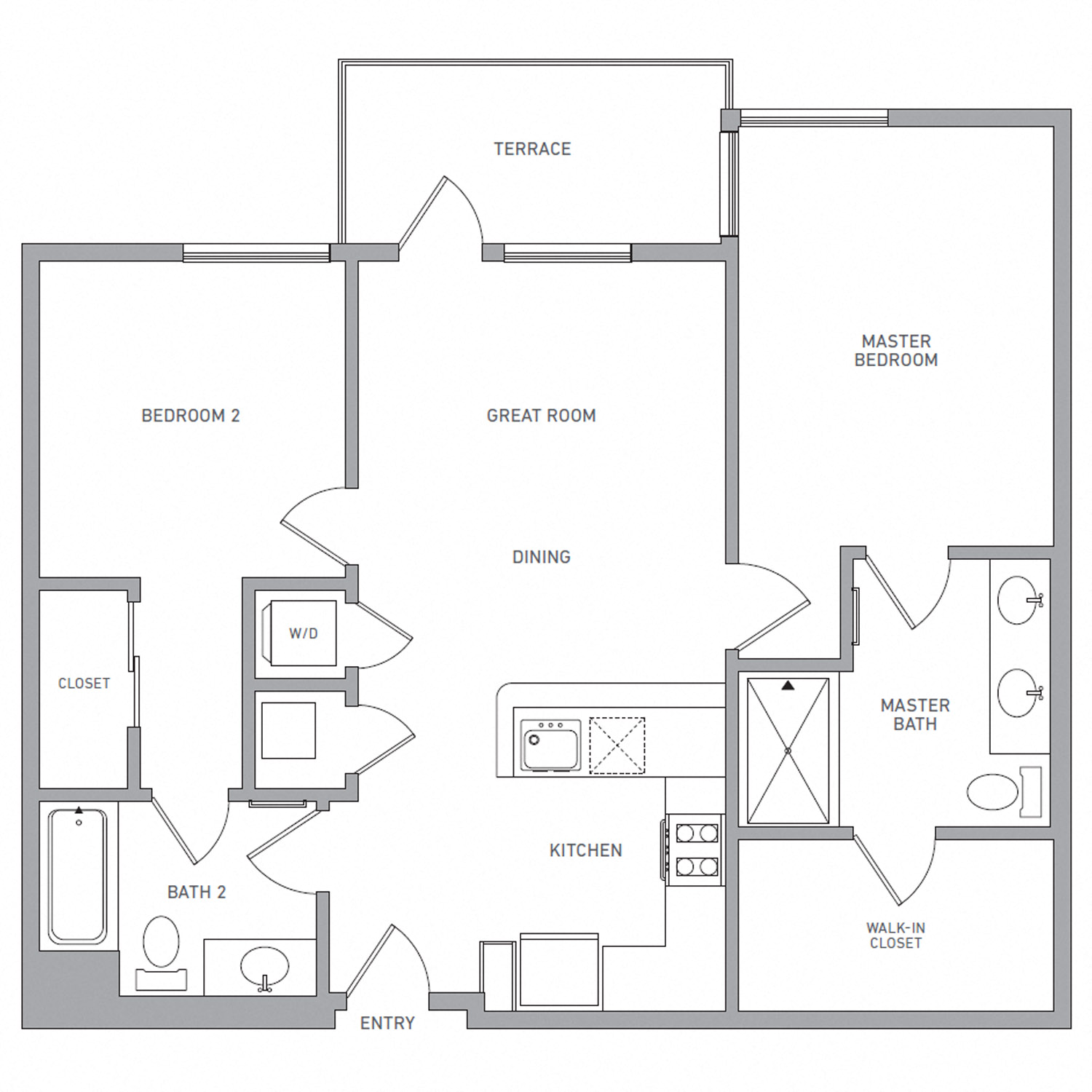 Floor plan for 2 beds, 2 baths, 1025 sqft