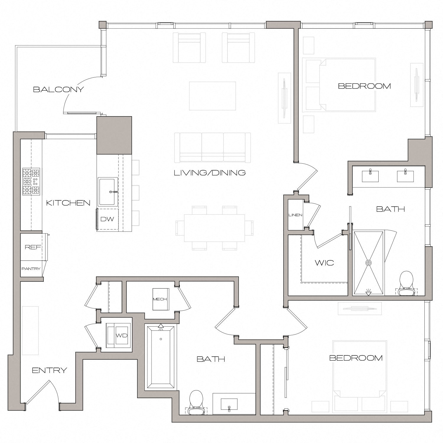 Floor plan for 2 beds, 2 baths, 1259 sqft
