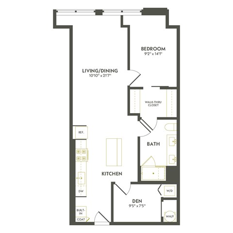 Floor plan for 1 bed, 1 bath, 882 sqft
