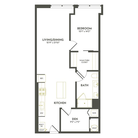 Floor plan for 1 bed, 1 bath, 895 sqft