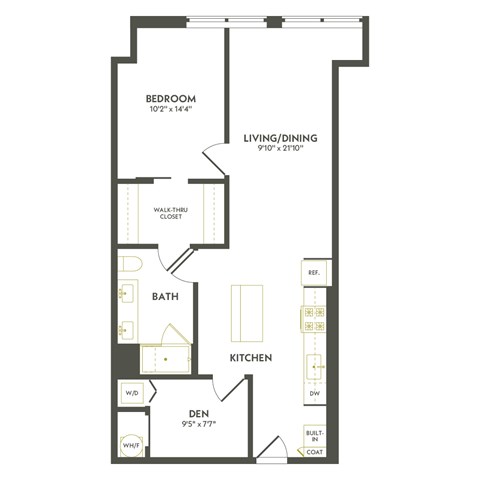 Floor plan for 1 bed, 1 bath, 898 sqft