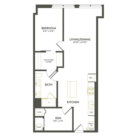 Floor plan for 1 bed, 1 bath, 898 sqft