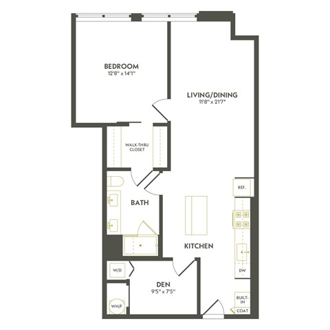 Floor plan for 1 bed, 1 bath, 942 sqft