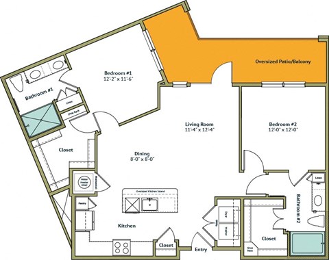 Floor plan for 2 beds, 2 baths, 1269 sqft