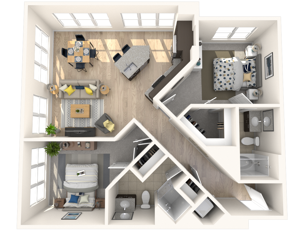 Floor plan for 2 beds, 2 baths, 980 sqft