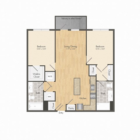Floor plan for 2 beds, 2 baths, 881 sqft