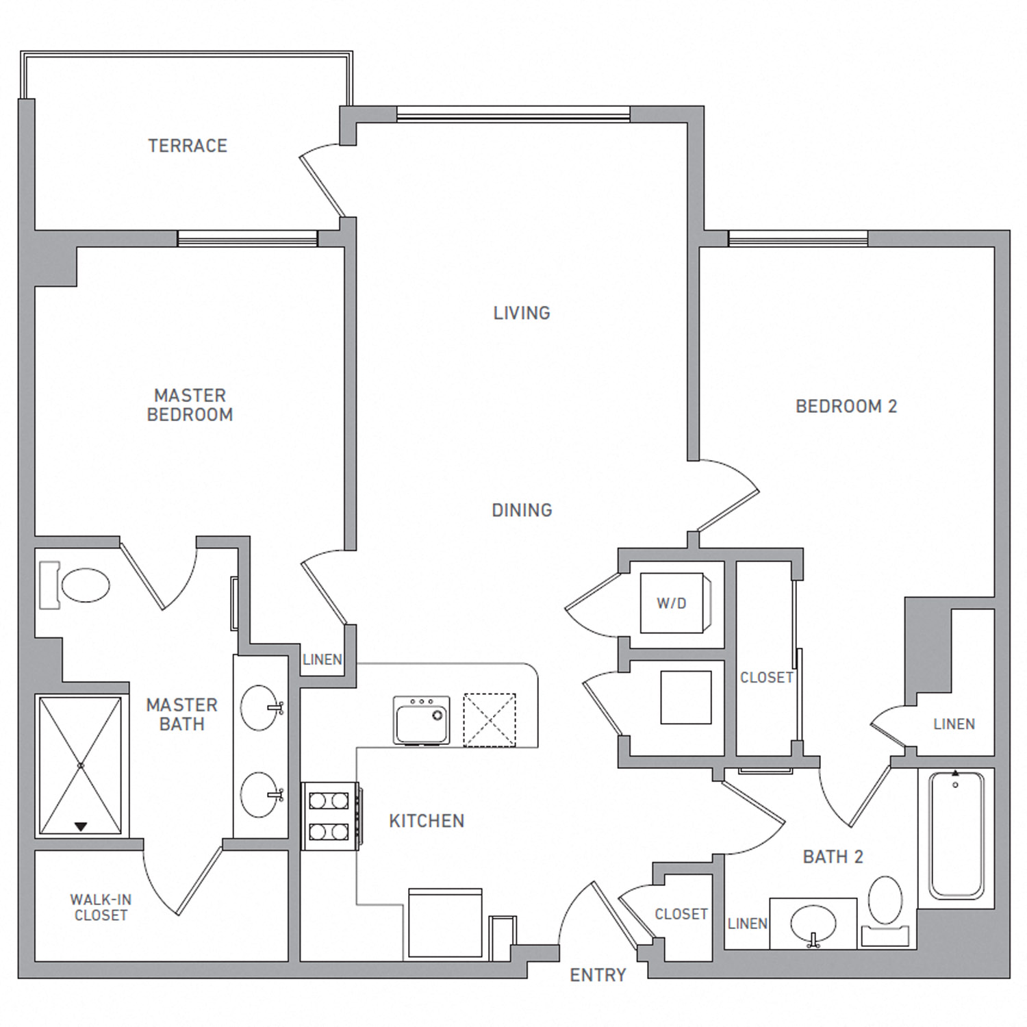 Floor plan for 2 beds, 2 baths, 1043 sqft