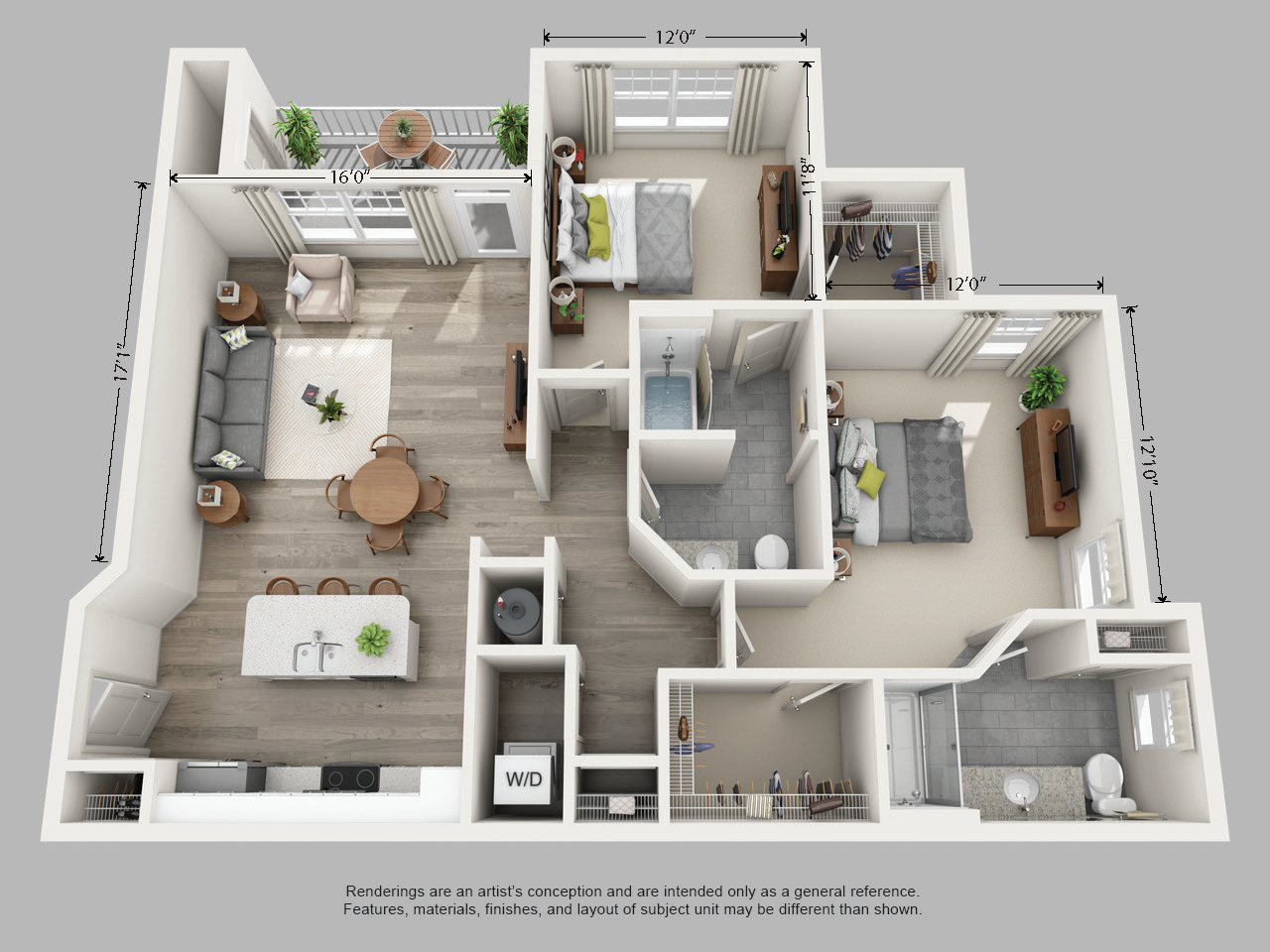 Floor plan for 2 beds, 2 baths, 1195 sqft