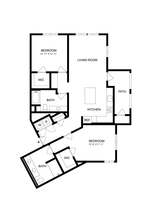 Floor plan for 2 beds, 2 baths, 1276 sqft