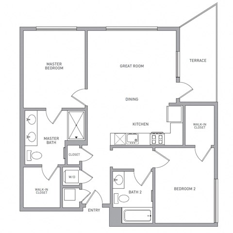 Floor plan for 2 beds, 2 baths, 1033 sqft