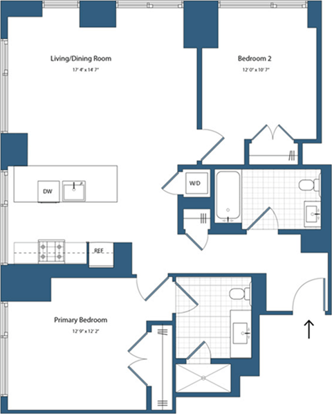 Floor plan for 2 beds, 2 baths, 1039 sqft