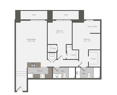 Floor plan for 2 beds, 2 baths, 1181 sqft