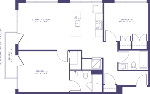 Floor plan for 2 beds, 2 baths, 988 sqft
