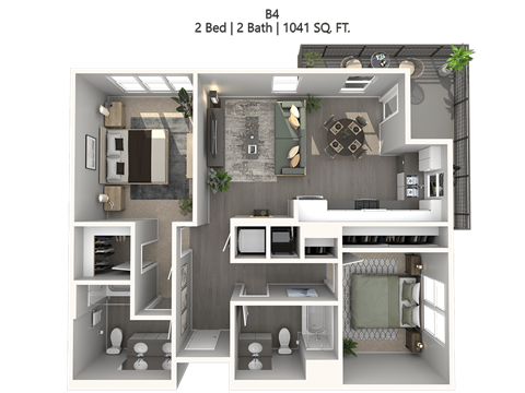 Floor plan for 2 beds, 2 baths, 1050 sqft