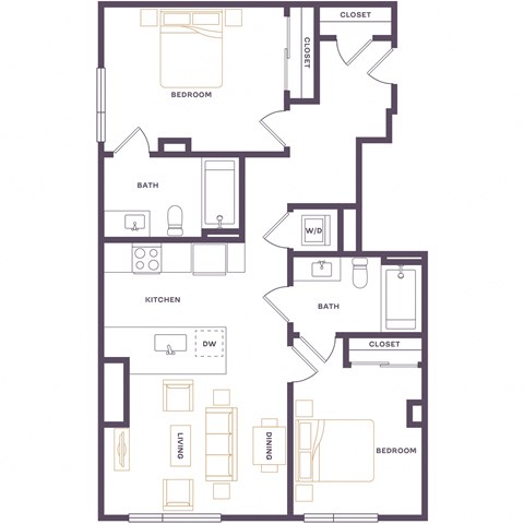 Floor plan for 2 beds, 2 baths, 841 sqft