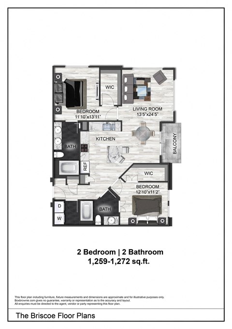 Floor plan for 2 beds, 2 baths, 1205 sqft