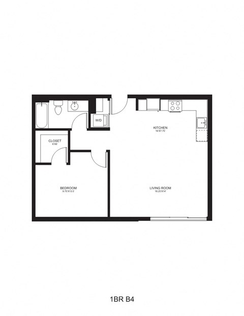 Floor plan for 1 bed, 1 bath, 752 sqft